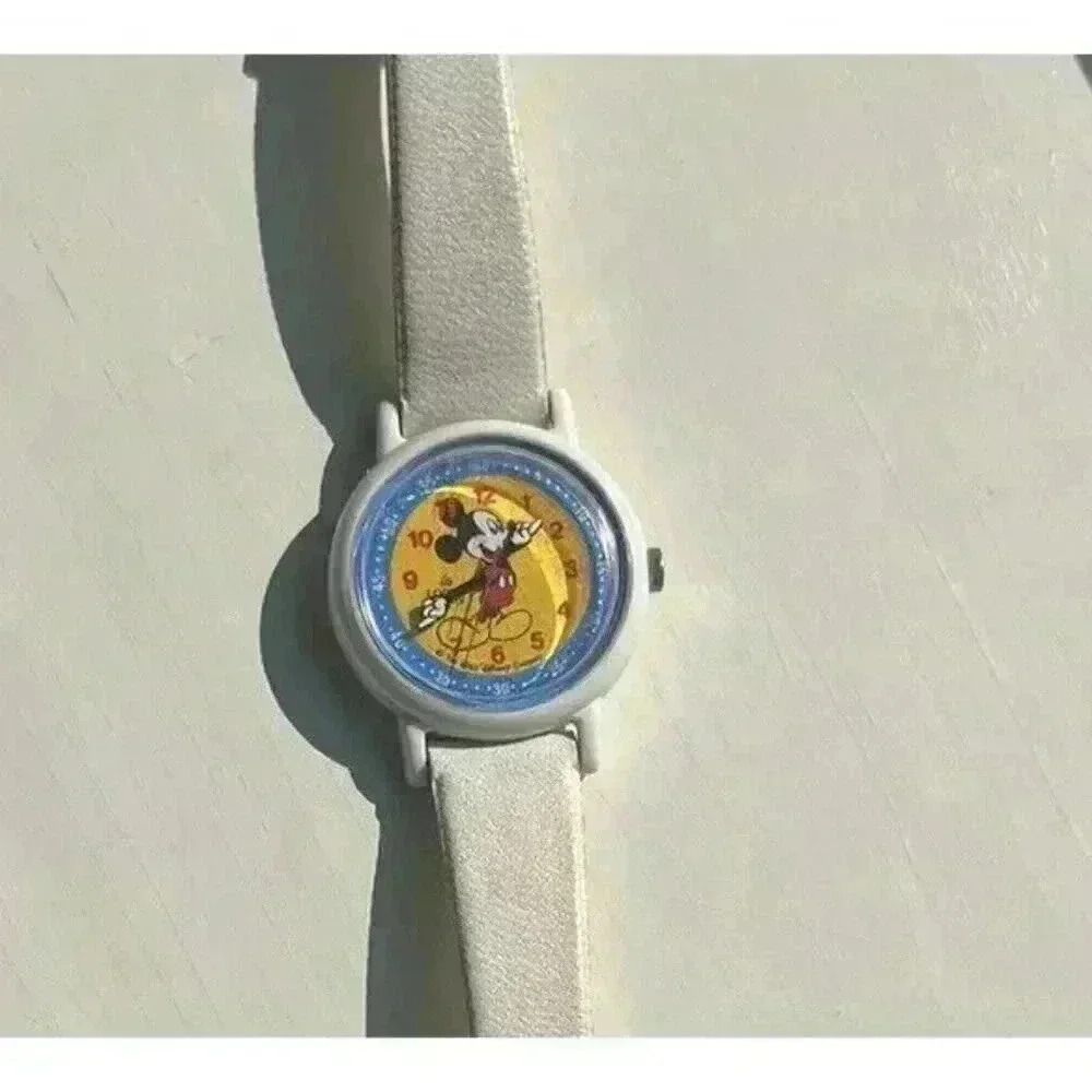 Mickey Mouse Vintage Watch With Yellow & Blue Face White Band